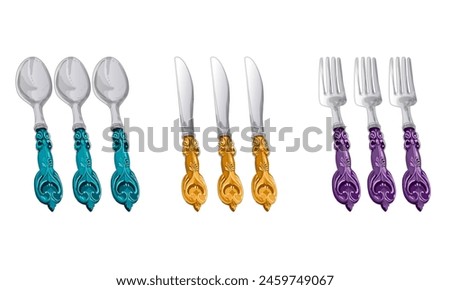 Silverware. Vintage spoon, fork and knife. Vintage tools and pastries. Vector illustration. Cartoon forks, retro tableware. Hand drawn clip arts. Table setting set.