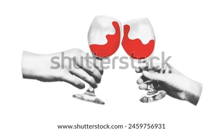Two hands holding red wine glasses halftone art collage. Toast, cheers Cutout magazine shapes, modern retro, grunge punk festive design. Vector illustration isolated on transparent background