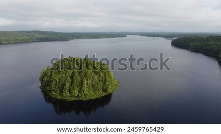 Aerial picture over small forested island on Canadian lake. 
