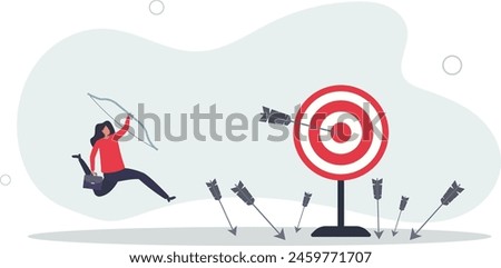 businesswoman finally hit target after too many unsuccessful tries.flat vector illustration.