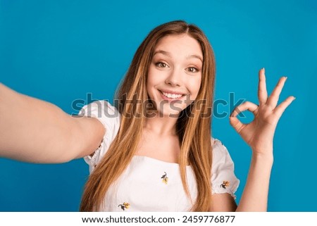 Photo of happy positive girl make selfie show okay sign isolated blue color background