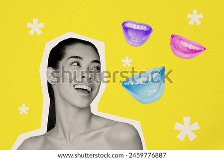 Composite collage picture image of pretty female mouth toothy smile dentistry stomatology weird freak bizarre unusual fantasy billboard