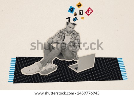 Composite collage picture image of young man laptop numbers head thinking weird freak bizarre unusual fantasy billboard