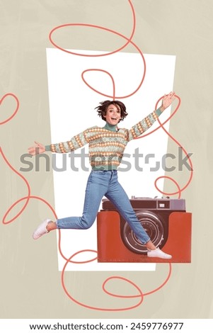 Vertical collage image young happy girl joyful positive mood camera shooting photo session lens capture laughter drawing doodles
