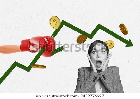 Composite photo collage of shocked girl open mouth hand boxer glove kick arrow down coin inflation bankrupt isolated on painted background Royalty-Free Stock Photo #2459776997