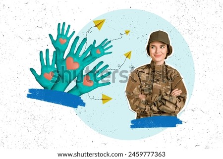 Composite collage picture image of hands send love soldier female war hero unusual fantasy billboard comics zine