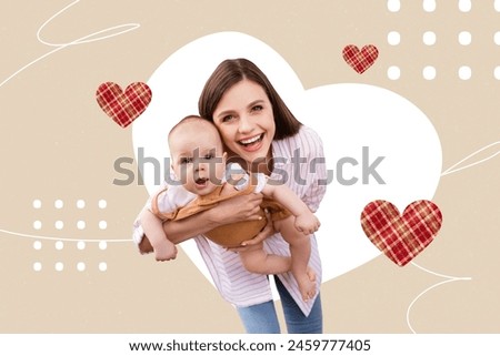 Creative picture collage young smiling woman hold baby newborn maternity love new family joyful positive mood drawing background