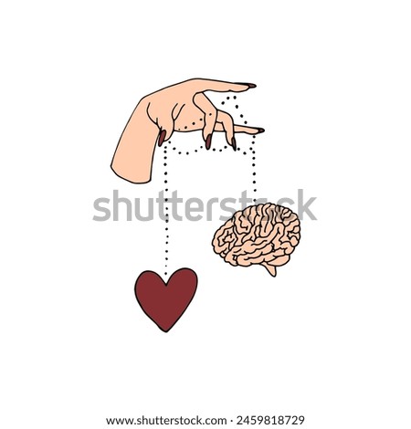 Line art illustration of hand drawn female hands holding heart and a brain. Manipulation concept. Isolated on white background.