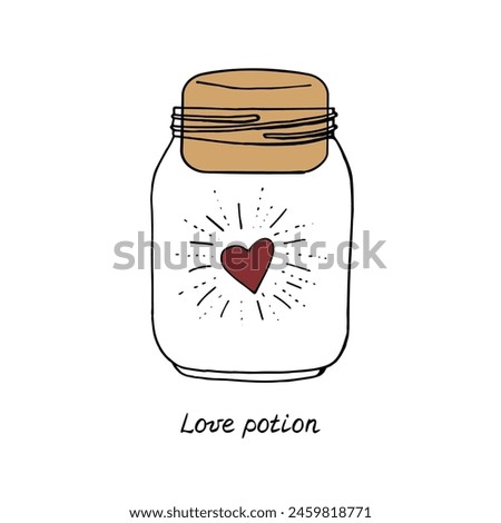 Line art illustration of hand drawn heart in mason jar. Lettering text love potion. Isolated on white background.