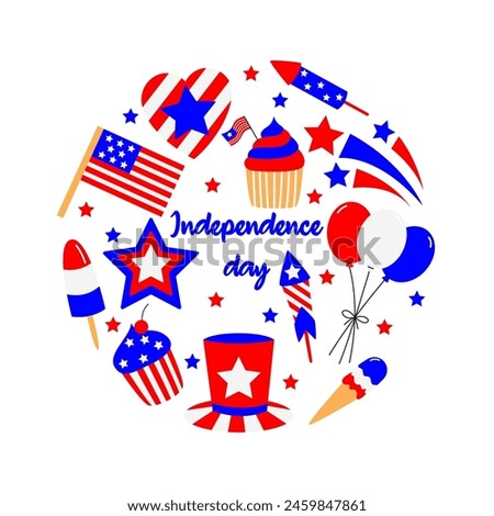 4th of July USA Independence Day card. Cute, simple, hand drawn flat cartoon style. Graphics in American flag. Vector illustration set of clip arts isolated on white background.