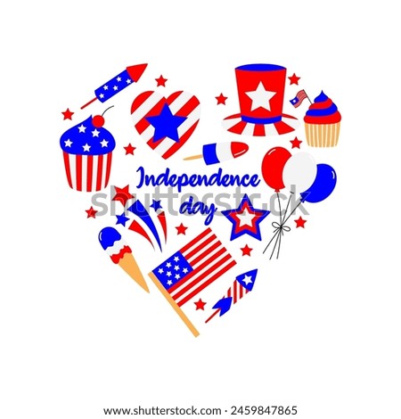4th of July USA Independence Day card. Cute, simple, hand drawn flat cartoon style. Graphics in American flag. Vector illustration set of clip arts isolated on white background.