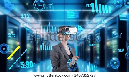 Businesswoman selecting digit dynamic market data scattering graph analysis monitor VR future global innovation interface digital infographic network technology visual hologram animation. Contraption.
