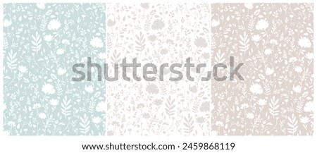 Delicate Hand Drawn Floral Vector Patterns. White Flowers, Leaves and Twigs on a Pastel Blue and Light Beige Background. Irregular Floral Print. Light Gray Flowers on a White Backdrop.Abstract Garden.