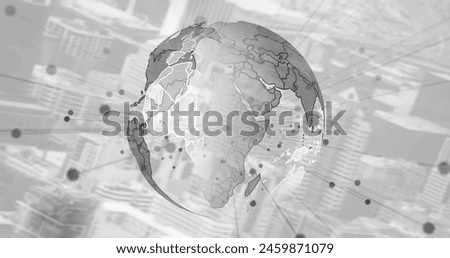 Image of connecting dots over spinning globe against aerial view of cityscape. Global networking and business technology concept