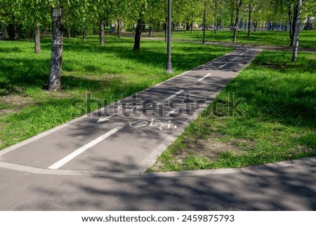 Direct cycleway with pictograms and directional signs in the summer park