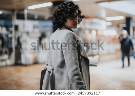 Rear view of a businessperson in formal attire walking confidently through an office setting, representing professionalism and entrepreneurship. Royalty-Free Stock Photo #2459892117