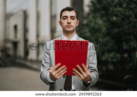 A neatly-dressed business professional clutching a red folder stands outside an office building. Royalty-Free Stock Photo #2459892265