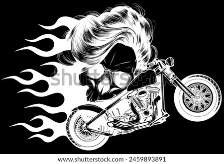 white silhouette of skull with hair and custom motorcycle with flames on black background. vector illustration design hand draw