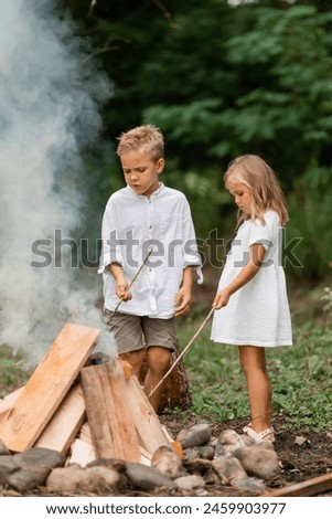 Cute boy and girl make a bonfire and roast marshmallows in summer. High quality photo
