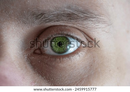 close up part male face, young man 25-30 years old, human eye looking directly, concept surveillance, vision examination, cosmetic procedures Royalty-Free Stock Photo #2459915777