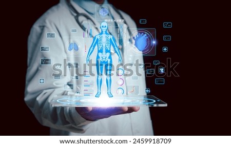 Health care and Health insurance concept. Doctor hand holding human body, organ holographic and medical icon access to welfare health. Disease examination and treatment of patients by expert doctor.