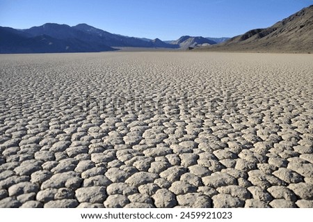 Landscape photo of an ancient dry lakebed in death valley national park showing the mosaics left in the dry mud. 