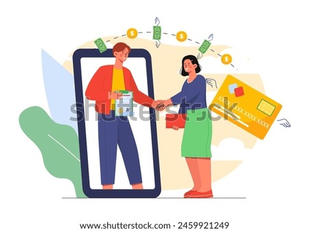 Contract money people. Man and woman at smartphone screen shake hands. Cooperation and collaboration, teamwork and partnership. Deals and agreements on internet. Cartoon flat vector illustration