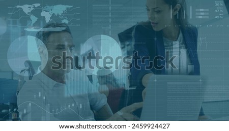 Image of statistical data processing over diverse man and woman discussing over laptop at office. Business data technology concept
