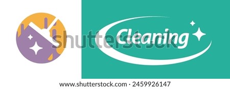 Cleaning service logo icon vector graphic illustration set, cleaner wash laundry green yellow purple logotype symbol modern design image clip art flat cartoon