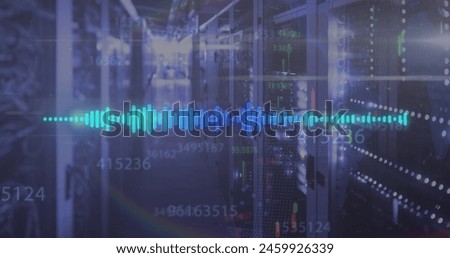 Image of data processing and shapes over server room. Global business and digital interface concept digitally generated image.