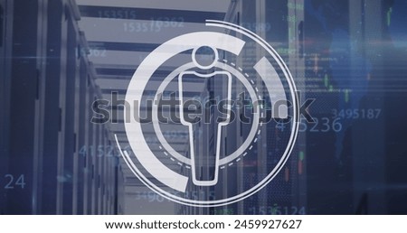 Image of data processing and human icon over server room. Global business and digital interface concept digitally generated image.