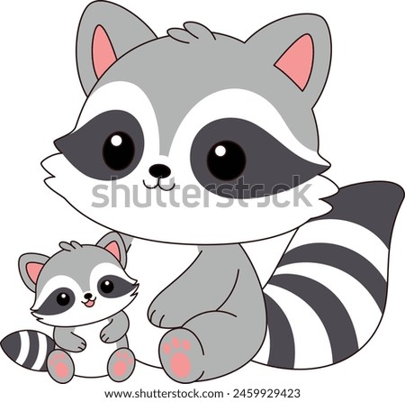Cute kawaii raccoon and baby cartoon character vector illustration. Wild animal, mothers day clip art