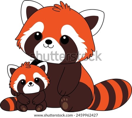 Cute kawaii red panda and baby cartoon character vector illustration. Wild animal, mothers day clip art