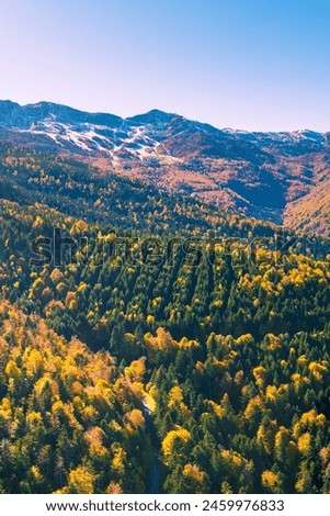 Mountain landscape in early winter, snowy slope. Ski resort Station Les Monts d'Olmes France Europe Horizontal banner
