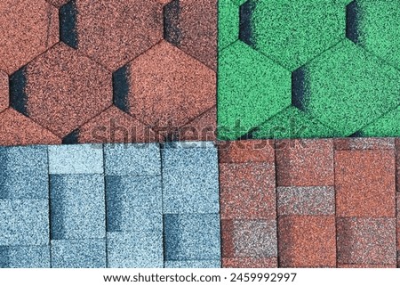 It's close up view of mosaic colorful tile. It is photo of green, blue and a brown roof tiles. It is view of multicolored texture of tiles.