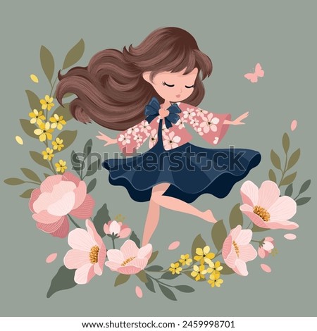Lovely girl with flowers vector illustration, autumn theme, vector roses, fall illustration
