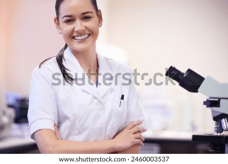 Woman, confident and scientist in laboratory with portrait or happiness for pharmaceutical breakthrough and proud for discovery. Girl, arms crossed with pride for medical research and biotechnology.