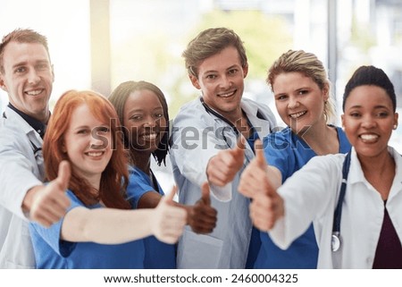 Happy people, portrait and medical team with thumbs up for success, good job or well done at hospital. Group of healthcare employees with smile, like emoji or yes sign for winning together at clinic