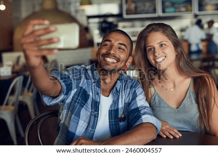 Phone, selfie and happy couple at cafe for brunch date, romance or anniversary celebration. Smartphone, photography or people smile at restaurant on app for memory, profile picture or birthday lunch