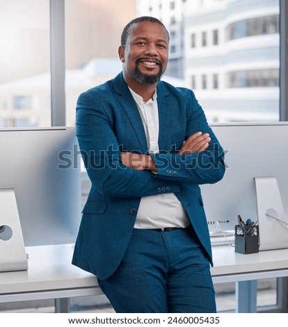 African businessman, portrait and office with arms crossed, smile and confidence for goals. Writer, professional news editor and expert reporter for content creation, publishing and press startup
