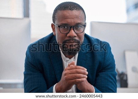 Businessman, portrait and office with hands, serious and confidence for proud goals. Creative writer, professional news editor and expert reporter for content creation, publishing and press startup