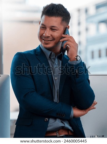 Businessman, phone call and office with smile, proud and confidence for goals. Creative writer, professional news editor and expert reporter for content creation, publishing and press startup