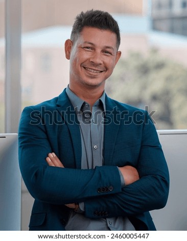 Businessman, portrait and office with arms crossed, proud and confidence for goals. Creative writer, professional news editor and expert reporter for content creation, publishing and press startup