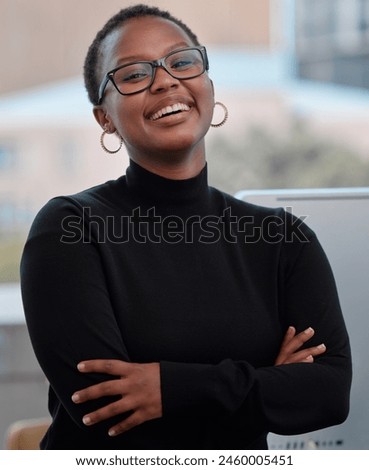 Businesswoman, portrait and office with arms crossed, smile and confidence for goals. Creative writer, professional news editor and expert reporter for content creation, publishing and press startup