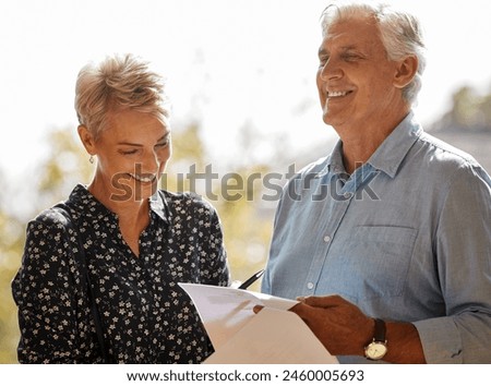 Couple, home and smile with signing contract or paperwork for new house, property and ownership as investment. Mature people, happy and customer or client with document for title deed or agreement