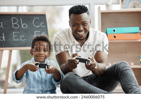 Teacher, boy and happy with video games on portrait for education, learning and child development. Black people, kindergarten and smile with gaming experience for cartoon or alphabetic assessment