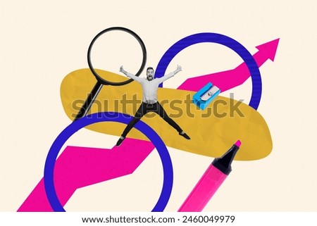 Composite collage picture image of excited man jump magnifier loupe office supplies unusual fantasy billboard comics zine