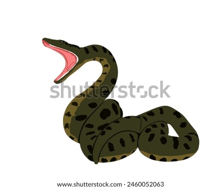 Curl snake attack prey vector illustration isolated on white background. Anaconda snake defense pose treat for enemy. Python predator with muscular body reptile animal. Dangerous boa. Open jaws.