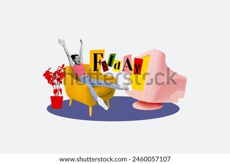 Composite photo collage of excited happy girl sit armchair home relax friday rest watch television flower pot isolated on painted background