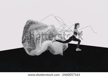 Composite collage picture image of stretching female lunge squat pile trash sportswoman unusual fantasy billboard comics zine